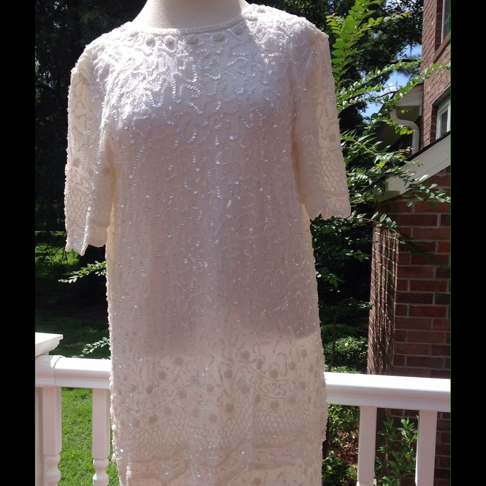 Vintage White Sequin Dress Wedding Beaded Sheath